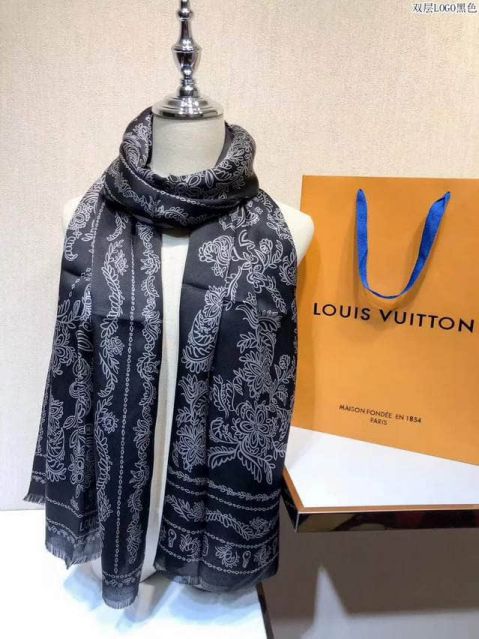Replica 2018 LV Double Logo Double Silk Black Women Scarves