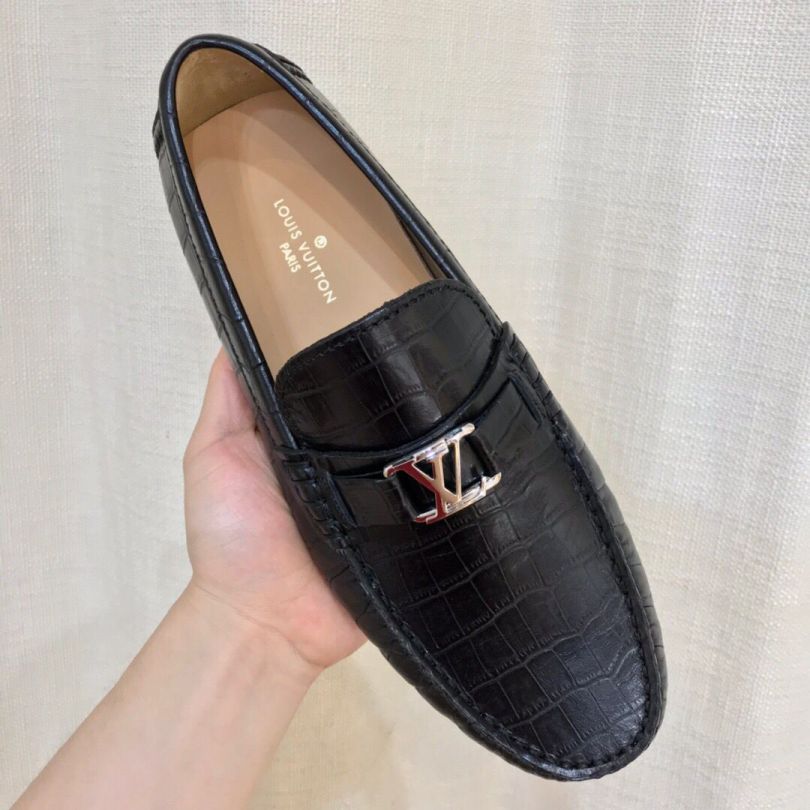 Replica LV Black Crocodile Men Loafers