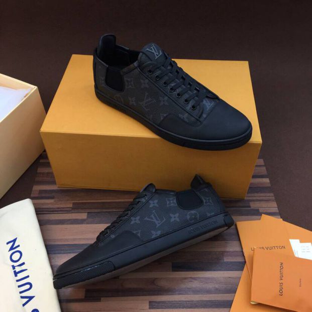 Replica LV Black Leather Classic Men Causal Sandals