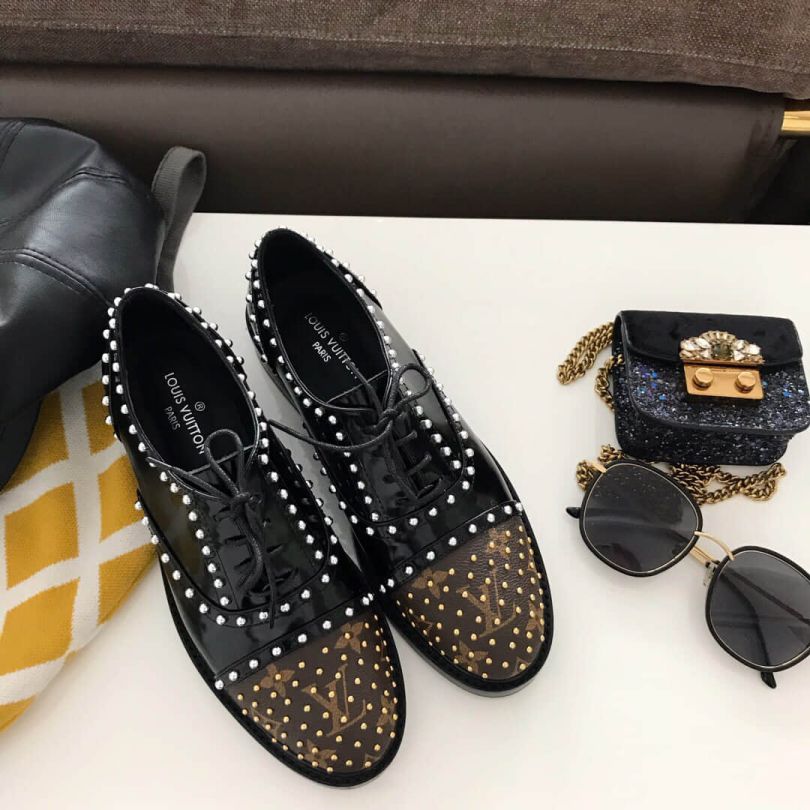 Replica LV Black Leather Loafers Women Sandals
