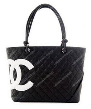 Replica Chanel Cambon Signature Large CC Logo Calfskin Black Leather Shoulder Bag