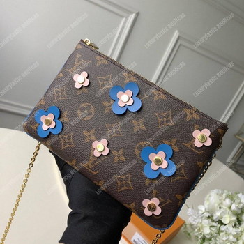 Replica LV Pochette Double Zip Monogram Canvas Blue Blooming Flowers