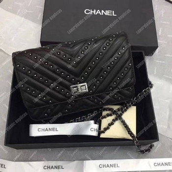 Replica Chanel Reissue 255 Wallet On Chain – WOC Chevron Studded Lambskin Black Silver Toned