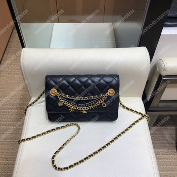 Replica Chanel Wallet On Chain – WOC Lambskin Black Braided Chains