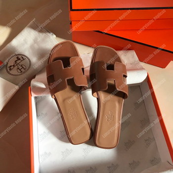 Replica Hermes Oran Sandal Calfskin Leather Chocolate Brown