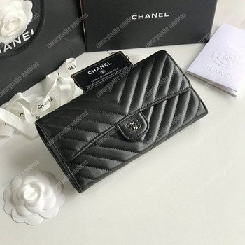 Replica Chanel Classic Long Flap Wallet Chevron Lambskin Black
