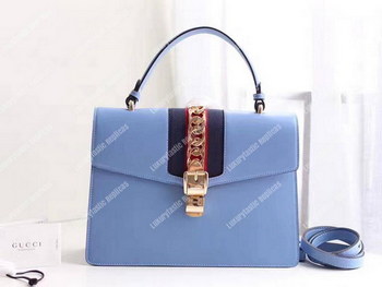 Replica Gucci Sylvie Medium Top Handle Bag Light Blue Leather