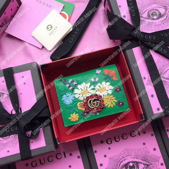 Replica Gucci Embroidered Leather Card Case Green