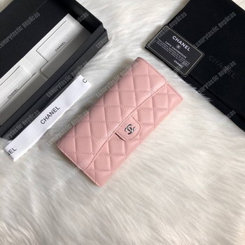 Replica Chanel Classic Long Flap Wallet Silver Tone Pink