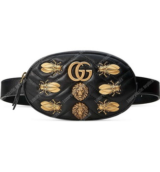 Replica Gucci GG Marmont Animal Stud Matelassé Belt Bag Black