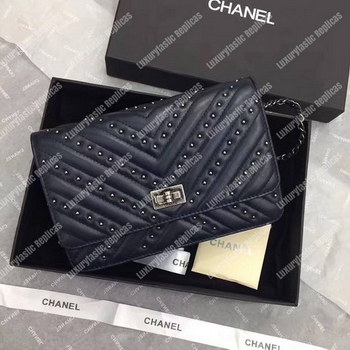 Replica Chanel Reissue 255 Wallet On Chain – WOC Chevron Studded Lambskin Dark Blue Silver Toned