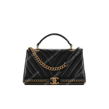 Replica Chanel Chevron Stitched Chain Top Handle Flap Bag Black