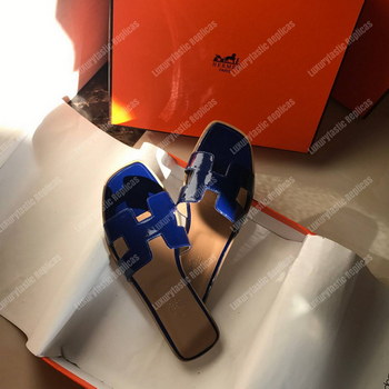 Replica Hermes Oran Sandal Patent Leather Blue