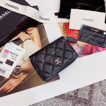 Replica Classic Zipped Card Holder Silver Toned Lambskin Black