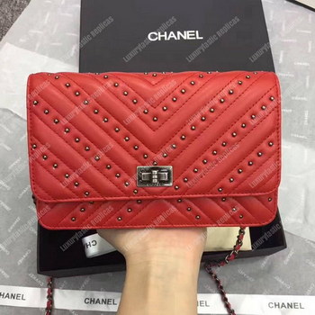 Replica Chanel Reissue 255 Wallet On Chain – WOC Chevron Studded Lambskin Red Silver Toned