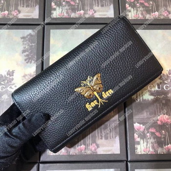 Replica Gucci Garden Leather Continental Wallet Black with Butterfly