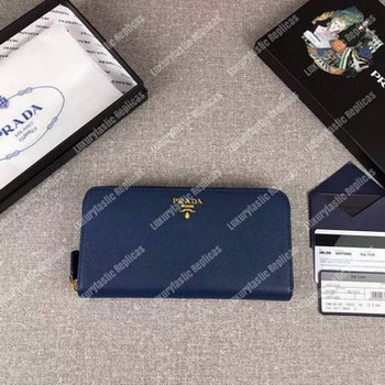 Replica Prada Large Saffiano Leather Wallet Blue Gold Hardware
