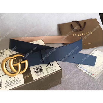 Replica Gucci Marine Blue Leather Belt with Double G Buckle
