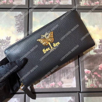 Replica Gucci Garden Leather Zip Around Wallet Black with Butterfly