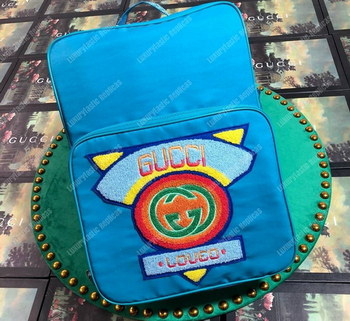 Replica Gucci Medium Backpack with Gucci ’80s Patch Light Blue
