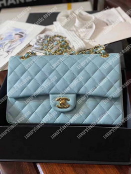 Replica Chanel Medium Classic Handbag Pale Blue Gold Tone Metal
