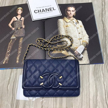 Replica Chanel Wallet On Chain – WOC CC Filigree Dark Blue Grained Calfskin