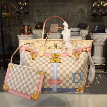 Replica Replica Louis Vuitton N41065 Neverfull MM Printed Damier Azur Coated Canvas and Leather Patches