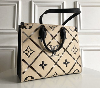 Replica Best Copy Louis Vuitton ONTHEGO MM Embroidered Dmbossed Supple Grained Cowhide Leather M46016 Creme Beige And Black