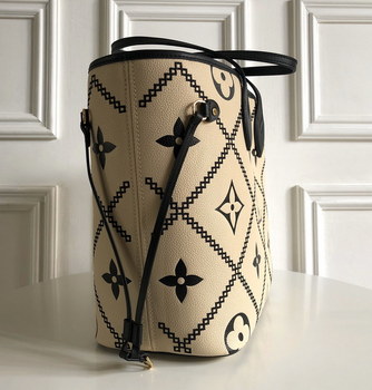 Replica Best Copy Louis Vuitton NEVERFULL MM Embroidered Dmbossed Supple Grained Cowhide Leather M46039 Creme Beige And Black