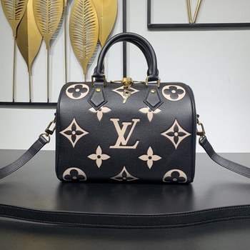 Replica AAA Quality Louis Vuitton Speedy Bandouliere 25 Handbag Embossed Grained Cowhide Leather Black Beige M58947