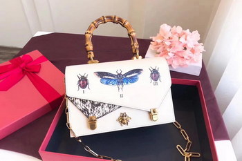 Replica Gucci 488715 Ottilia Printed Insects Beetles Leather Small Top Handle White