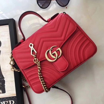 Replica Gucci 498110 GG Marmont Small Top Handle Bag Hibiscus Red Leather