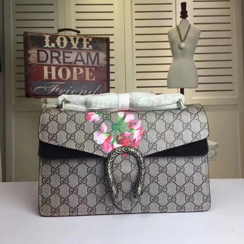 Replica Gucci Dionysus Blooms Print Shoulder GG Supreme Bag Black Leather