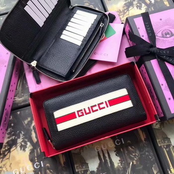 Replica Perfect Replica Gucci 459138 Men Stripe Leather Zip Around Wallet Black Leather
