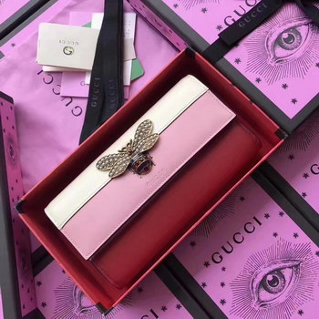 Replica Gucci 476079 Queen Women Leather Long Wallet White and Pink