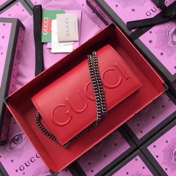 Replica Gucci 421850 Embossed GG Leather Chain Bag Red
