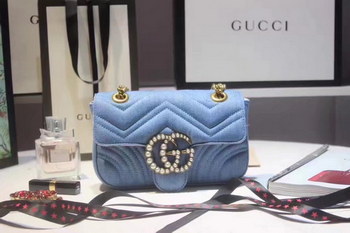 Replica Gucci 446744 GG Marmont Matelasse Mini Bag with Pearls Blue