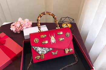 Replica Gucci 488715 Ottilia Printed Insects Beetles Leather Small Top Handle Red