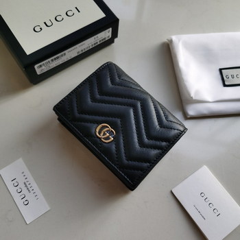 Replica Copy Gucci 466492 Women GG Marmont Card Case Wallet Black Matelasse Chevron Leather