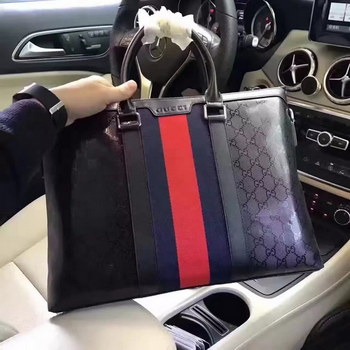 Replica Gucci 3119 1 Striped Men Leather Briefcase Black