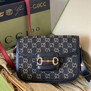 Replica Good Copy Gucci Horsebit 1955 Shoulder Bag Black and Ivory GG Denim Jacquard 602204