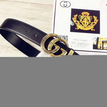 Replica Cheap Replica Gucci Men Leather Black Belt Width 38cm With Gold Buckle 060