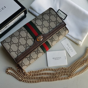 Replica Copy Gucci 546592 Women Ophidia GG Chain Wallet Brown Textured Leather Trim