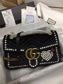 Replica Gucci 443496 GG Marmont Crystals Heart Velvet Chevron Medium Shoulder Bag Black