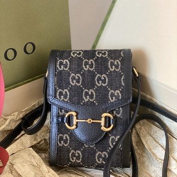 Replica Good Copy Gucci Horsebit 1955 Mini Phone Bag Ivory GG Denim Jacquard 625615