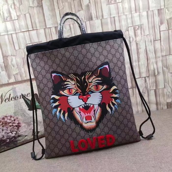 Replica Gucci 473872 Men Angry Cat Print Soft GG Supreme Drawstring Backpack