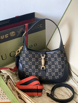 Replica Good Copy Gucci Jackie 1961 Small Shoulder Bag Black and Ivory GG Denim Jacquard