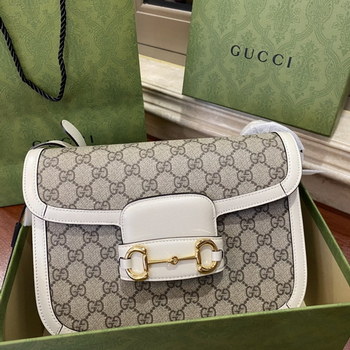 Replica Nice Review Gucci Horsebit 1955 Shoulder Bag White Ebony GG Supreme Canva 602204 Copy