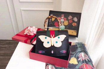 Replica Gucci 488691 Hibiscus Black Leather Medium Top Handle Bag