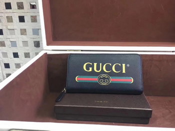 Replica Gucci 496317 Print Leather Zip Around Wallet Black With Gold Logo